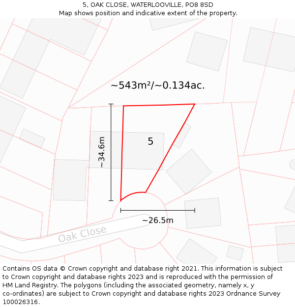 5, OAK CLOSE, WATERLOOVILLE, PO8 8SD: Plot and title map