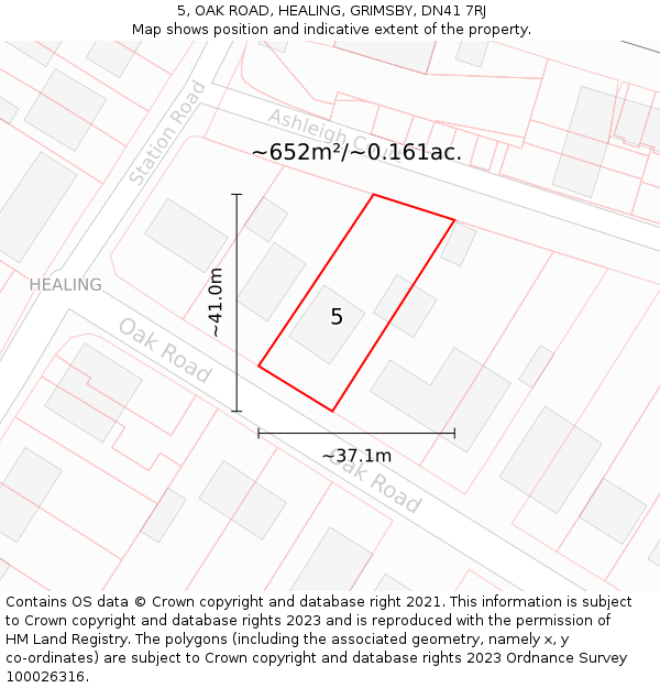 5, OAK ROAD, HEALING, GRIMSBY, DN41 7RJ: Plot and title map