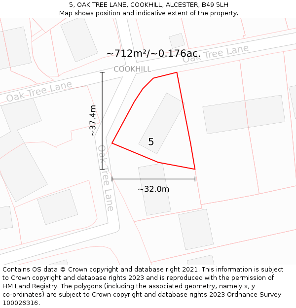 5, OAK TREE LANE, COOKHILL, ALCESTER, B49 5LH: Plot and title map