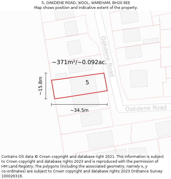 5, OAKDENE ROAD, WOOL, WAREHAM, BH20 6EE: Plot and title map