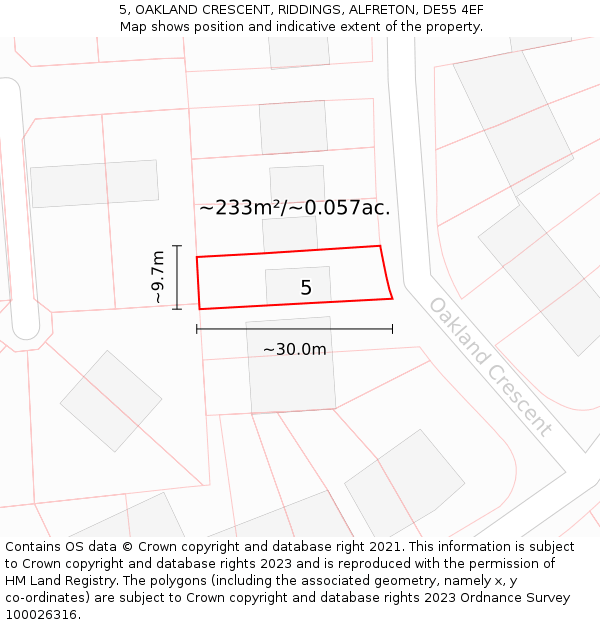 5, OAKLAND CRESCENT, RIDDINGS, ALFRETON, DE55 4EF: Plot and title map