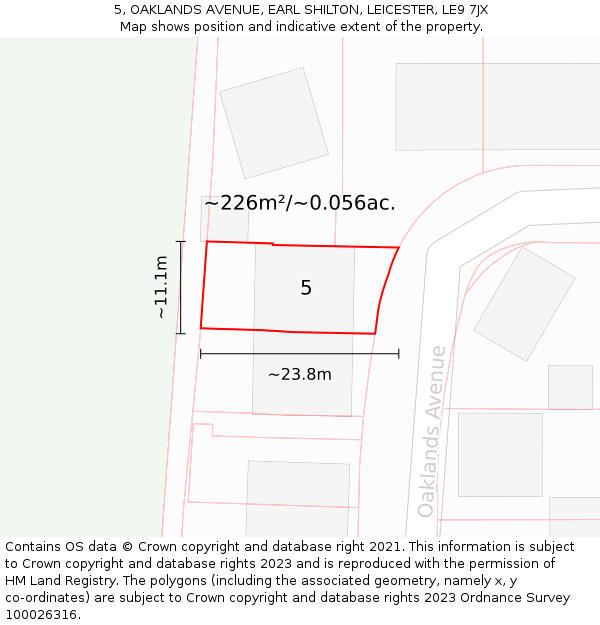 5, OAKLANDS AVENUE, EARL SHILTON, LEICESTER, LE9 7JX: Plot and title map