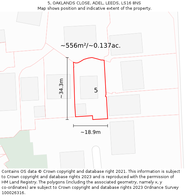 5, OAKLANDS CLOSE, ADEL, LEEDS, LS16 8NS: Plot and title map