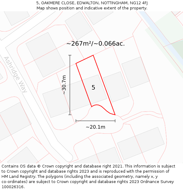 5, OAKMERE CLOSE, EDWALTON, NOTTINGHAM, NG12 4FJ: Plot and title map