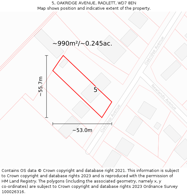 5, OAKRIDGE AVENUE, RADLETT, WD7 8EN: Plot and title map