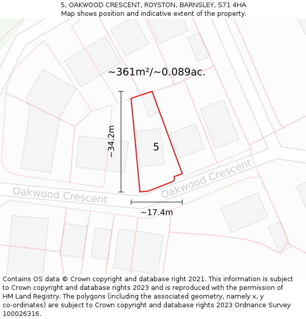 5, OAKWOOD CRESCENT, ROYSTON, BARNSLEY, S71 4HA: Plot and title map