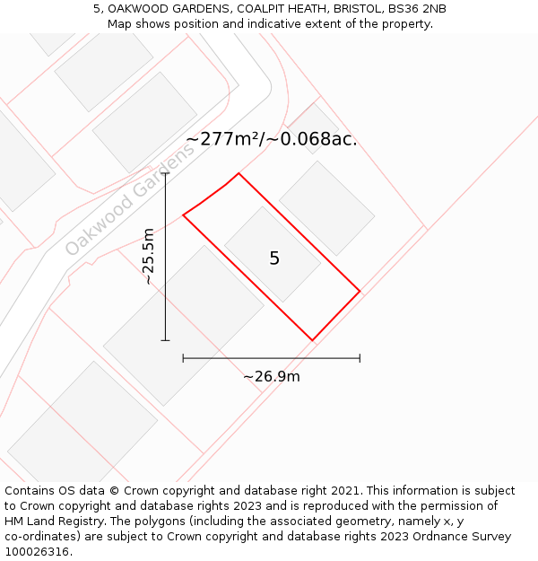 5, OAKWOOD GARDENS, COALPIT HEATH, BRISTOL, BS36 2NB: Plot and title map