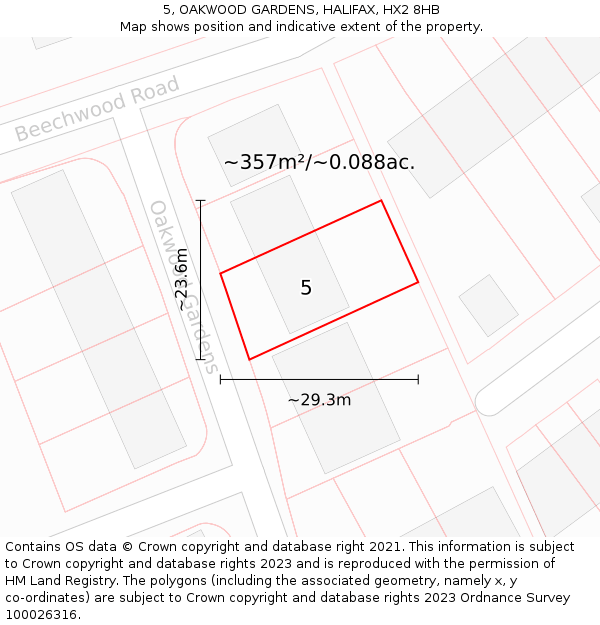 5, OAKWOOD GARDENS, HALIFAX, HX2 8HB: Plot and title map