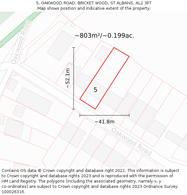 5, OAKWOOD ROAD, BRICKET WOOD, ST ALBANS, AL2 3PT: Plot and title map