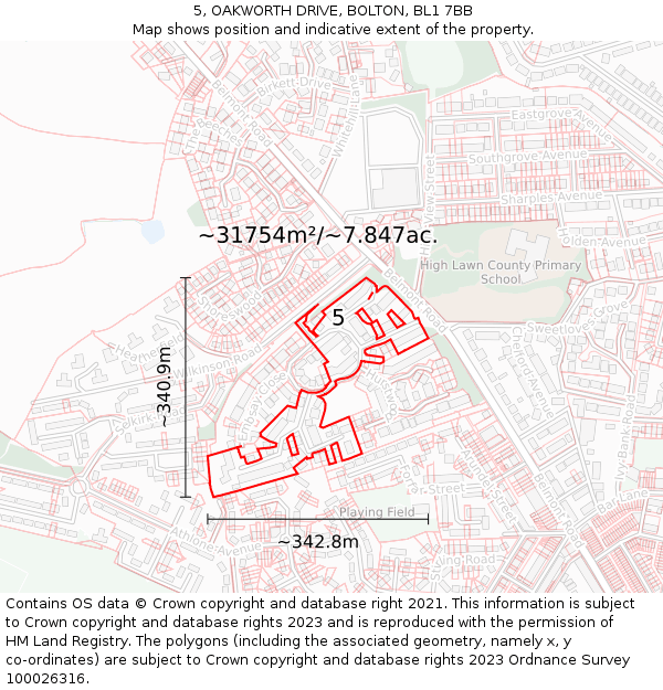 5, OAKWORTH DRIVE, BOLTON, BL1 7BB: Plot and title map