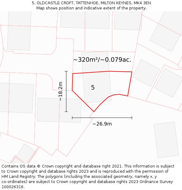 5, OLDCASTLE CROFT, TATTENHOE, MILTON KEYNES, MK4 3EN: Plot and title map