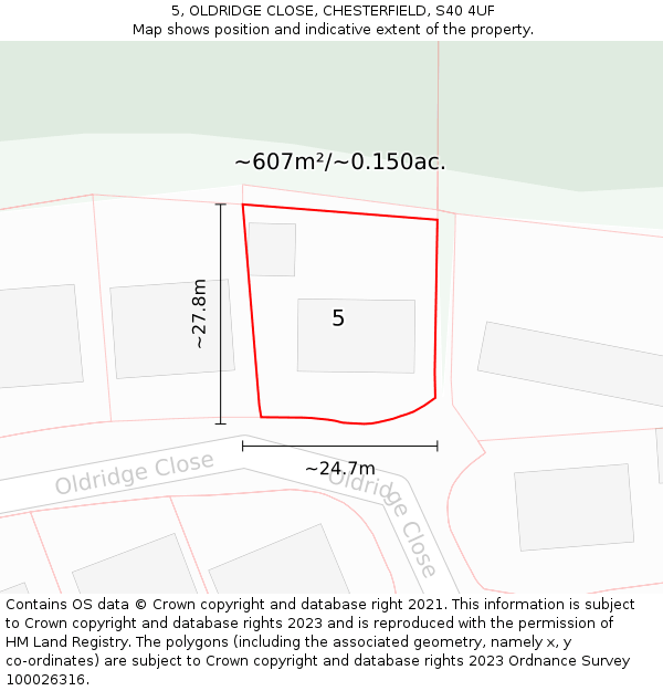 5, OLDRIDGE CLOSE, CHESTERFIELD, S40 4UF: Plot and title map