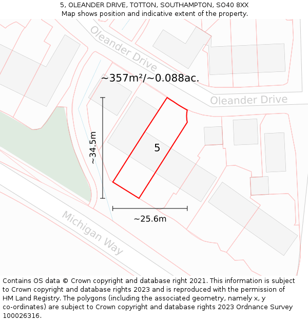 5, OLEANDER DRIVE, TOTTON, SOUTHAMPTON, SO40 8XX: Plot and title map