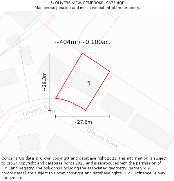 5, OLIVERS VIEW, PEMBROKE, SA71 4QF: Plot and title map