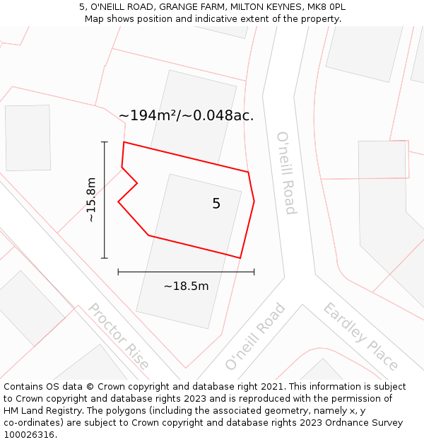 5, O'NEILL ROAD, GRANGE FARM, MILTON KEYNES, MK8 0PL: Plot and title map