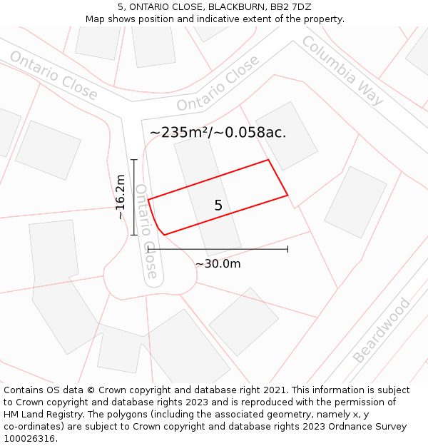 5, ONTARIO CLOSE, BLACKBURN, BB2 7DZ: Plot and title map