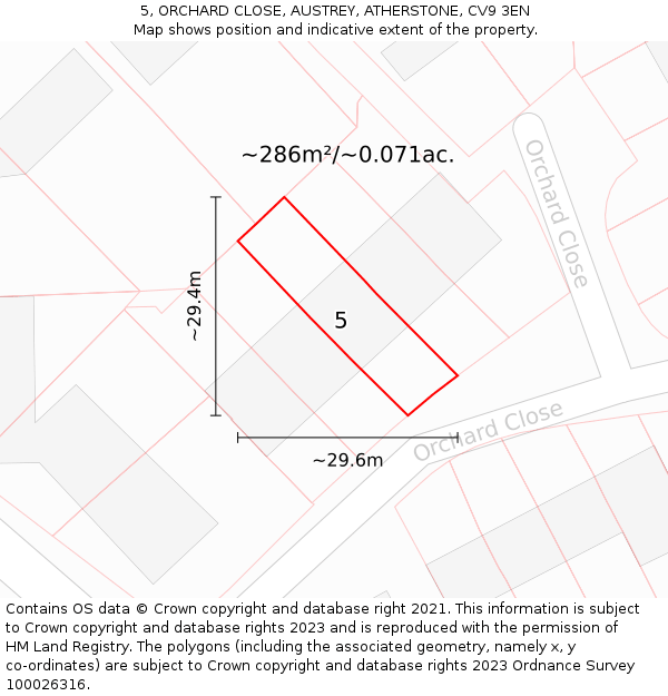 5, ORCHARD CLOSE, AUSTREY, ATHERSTONE, CV9 3EN: Plot and title map