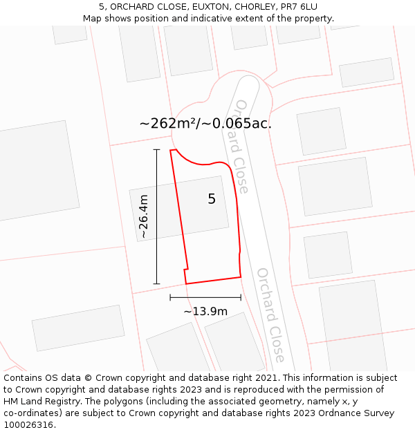 5, ORCHARD CLOSE, EUXTON, CHORLEY, PR7 6LU: Plot and title map