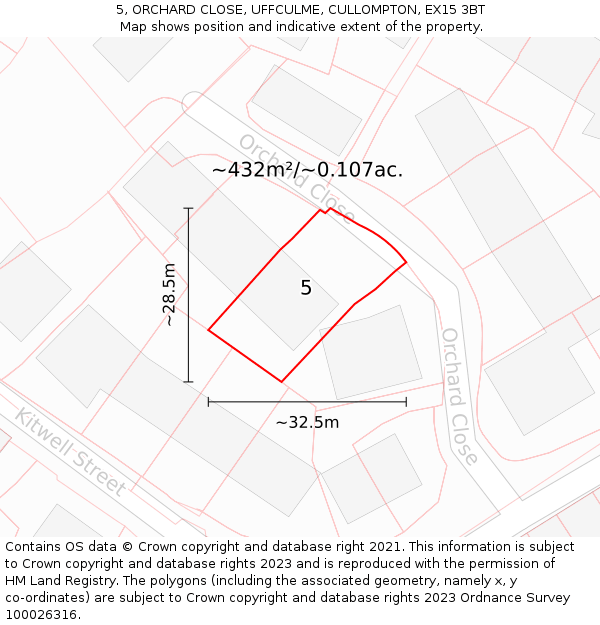 5, ORCHARD CLOSE, UFFCULME, CULLOMPTON, EX15 3BT: Plot and title map