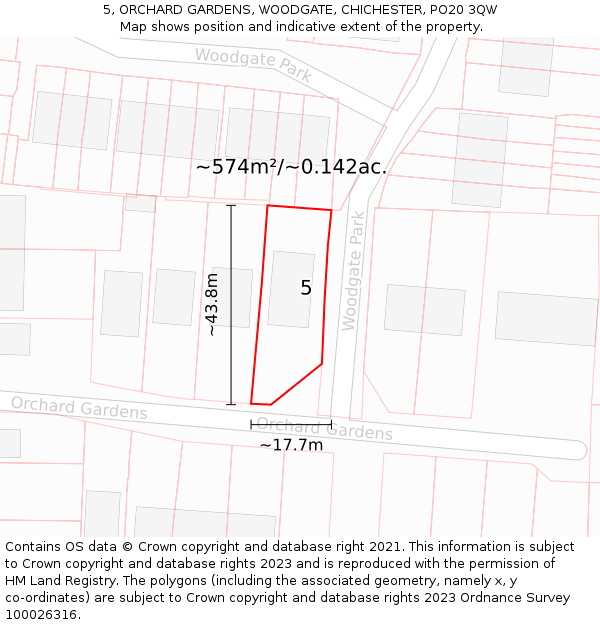 5, ORCHARD GARDENS, WOODGATE, CHICHESTER, PO20 3QW: Plot and title map