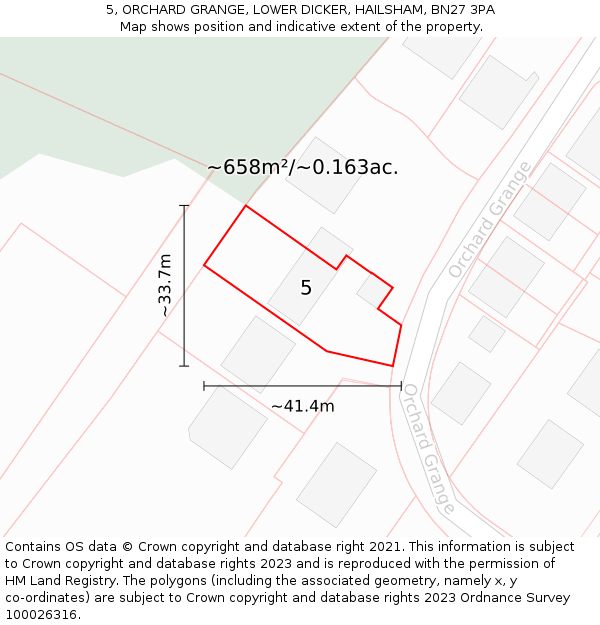 5, ORCHARD GRANGE, LOWER DICKER, HAILSHAM, BN27 3PA: Plot and title map