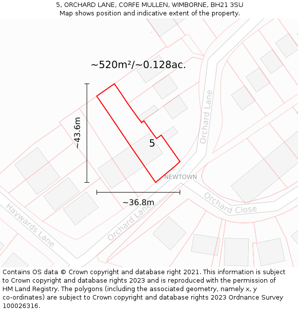 5, ORCHARD LANE, CORFE MULLEN, WIMBORNE, BH21 3SU: Plot and title map