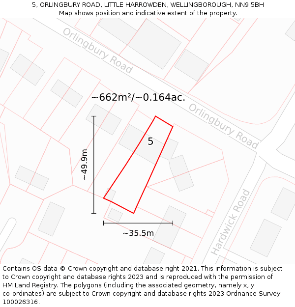 5, ORLINGBURY ROAD, LITTLE HARROWDEN, WELLINGBOROUGH, NN9 5BH: Plot and title map