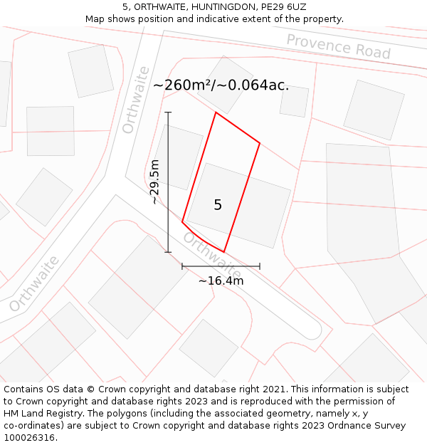 5, ORTHWAITE, HUNTINGDON, PE29 6UZ: Plot and title map