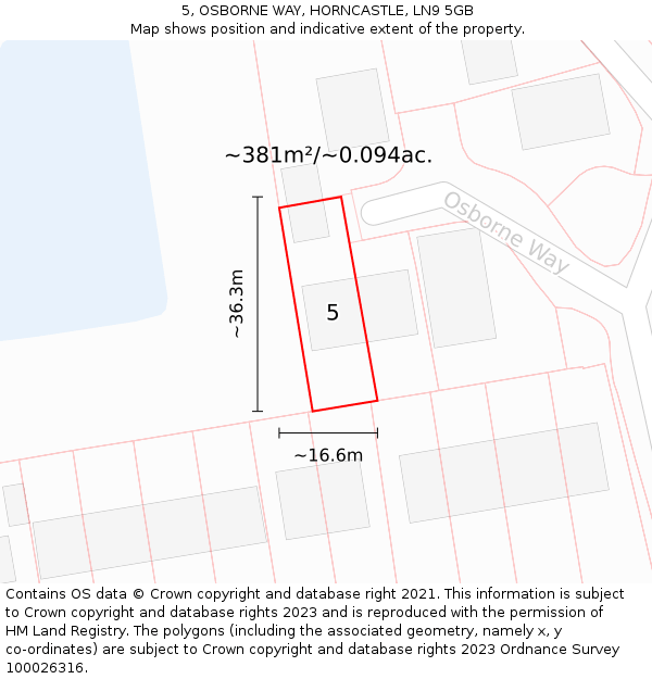 5, OSBORNE WAY, HORNCASTLE, LN9 5GB: Plot and title map