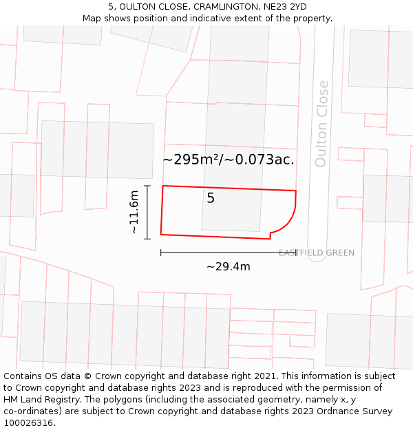 5, OULTON CLOSE, CRAMLINGTON, NE23 2YD: Plot and title map
