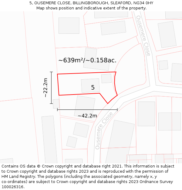 5, OUSEMERE CLOSE, BILLINGBOROUGH, SLEAFORD, NG34 0HY: Plot and title map