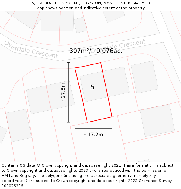 5, OVERDALE CRESCENT, URMSTON, MANCHESTER, M41 5GR: Plot and title map