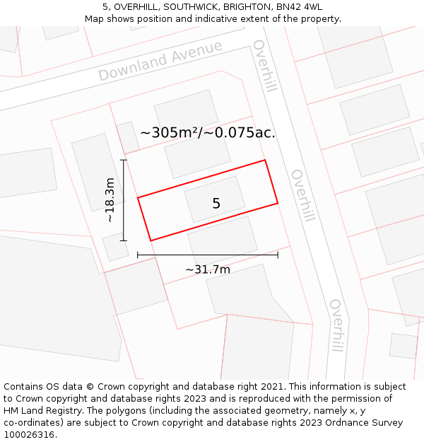 5, OVERHILL, SOUTHWICK, BRIGHTON, BN42 4WL: Plot and title map