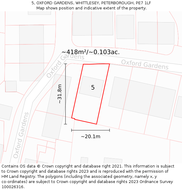 5, OXFORD GARDENS, WHITTLESEY, PETERBOROUGH, PE7 1LF: Plot and title map