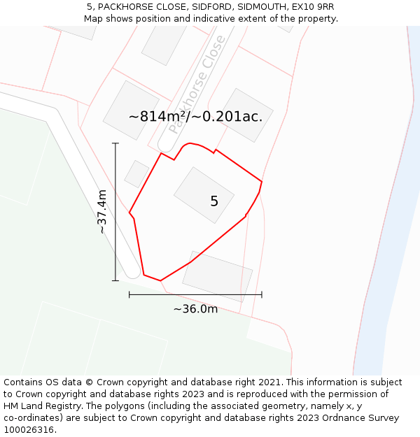 5, PACKHORSE CLOSE, SIDFORD, SIDMOUTH, EX10 9RR: Plot and title map