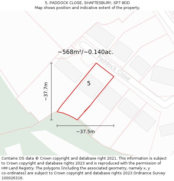 5, PADDOCK CLOSE, SHAFTESBURY, SP7 8DD: Plot and title map
