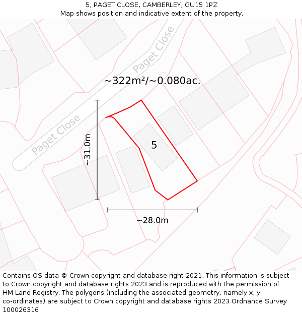 5, PAGET CLOSE, CAMBERLEY, GU15 1PZ: Plot and title map