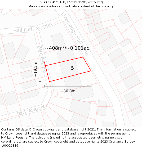 5, PARK AVENUE, LIVERSEDGE, WF15 7EQ: Plot and title map