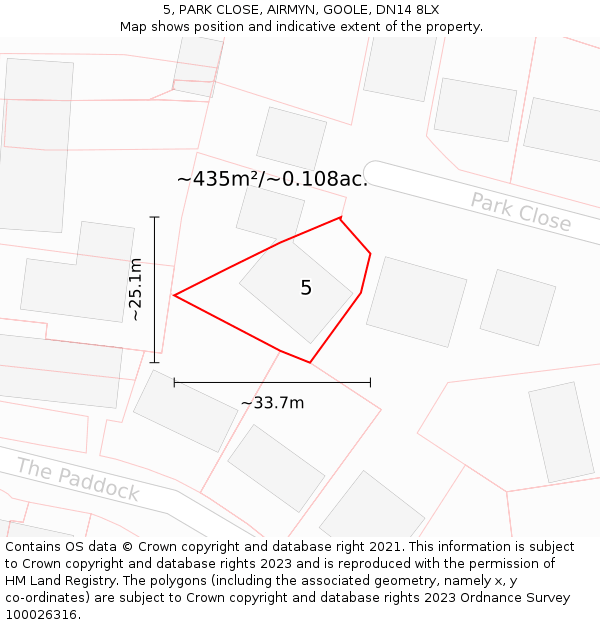 5, PARK CLOSE, AIRMYN, GOOLE, DN14 8LX: Plot and title map