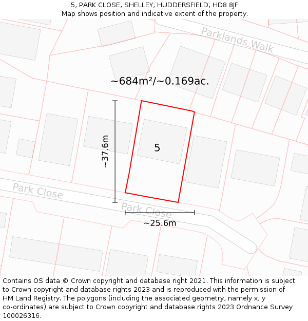 5, PARK CLOSE, SHELLEY, HUDDERSFIELD, HD8 8JF: Plot and title map