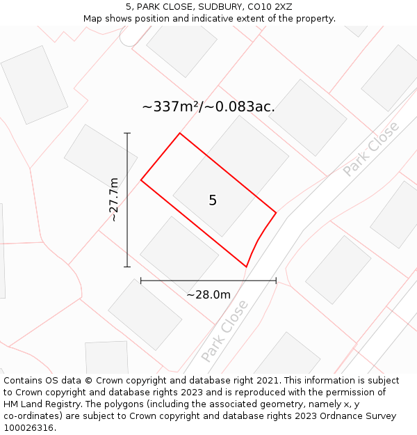 5, PARK CLOSE, SUDBURY, CO10 2XZ: Plot and title map