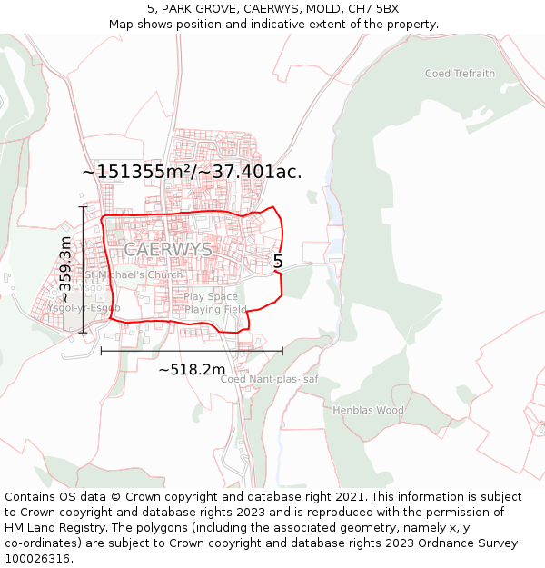 5, PARK GROVE, CAERWYS, MOLD, CH7 5BX: Plot and title map