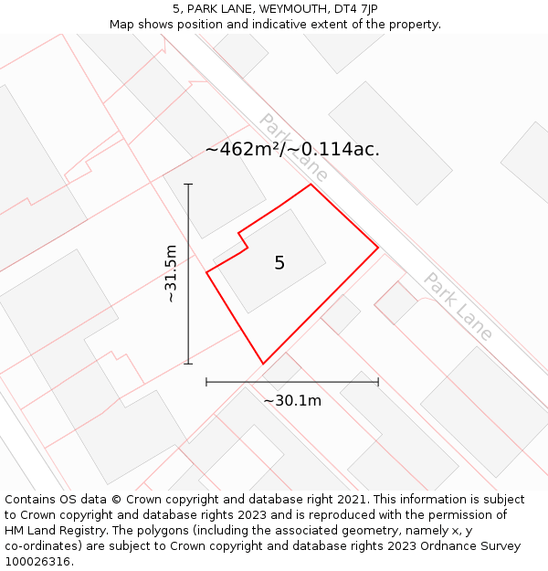 5, PARK LANE, WEYMOUTH, DT4 7JP: Plot and title map