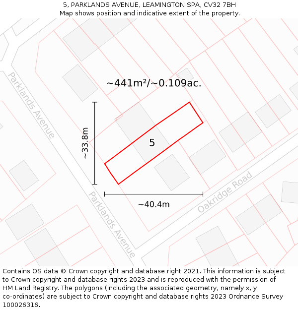 5, PARKLANDS AVENUE, LEAMINGTON SPA, CV32 7BH: Plot and title map