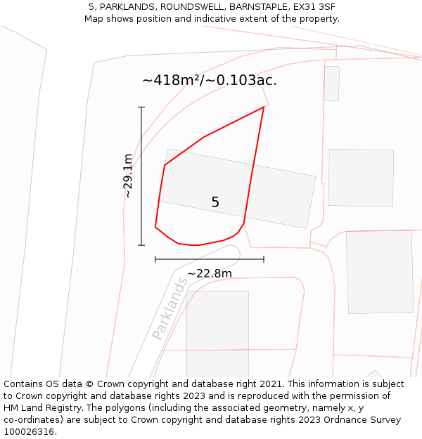 5, PARKLANDS, ROUNDSWELL, BARNSTAPLE, EX31 3SF: Plot and title map