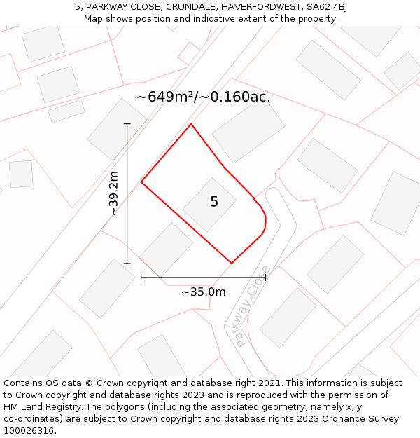 5, PARKWAY CLOSE, CRUNDALE, HAVERFORDWEST, SA62 4BJ: Plot and title map