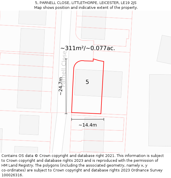 5, PARNELL CLOSE, LITTLETHORPE, LEICESTER, LE19 2JS: Plot and title map