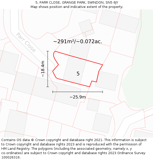 5, PARR CLOSE, GRANGE PARK, SWINDON, SN5 6JY: Plot and title map