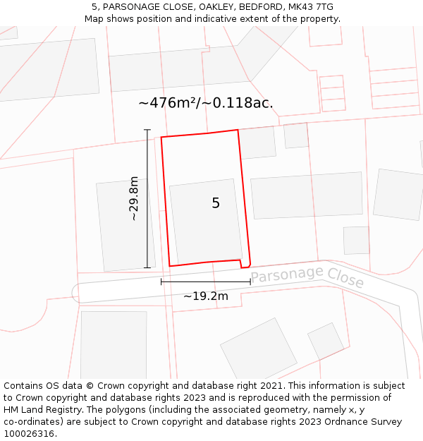 5, PARSONAGE CLOSE, OAKLEY, BEDFORD, MK43 7TG: Plot and title map