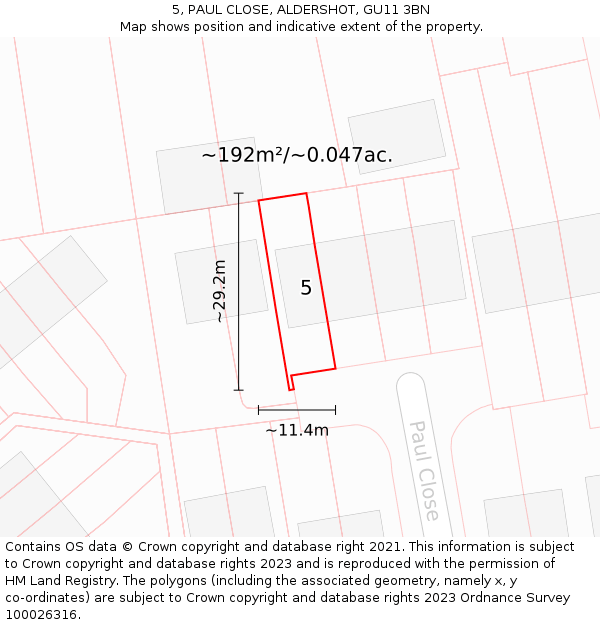 5, PAUL CLOSE, ALDERSHOT, GU11 3BN: Plot and title map